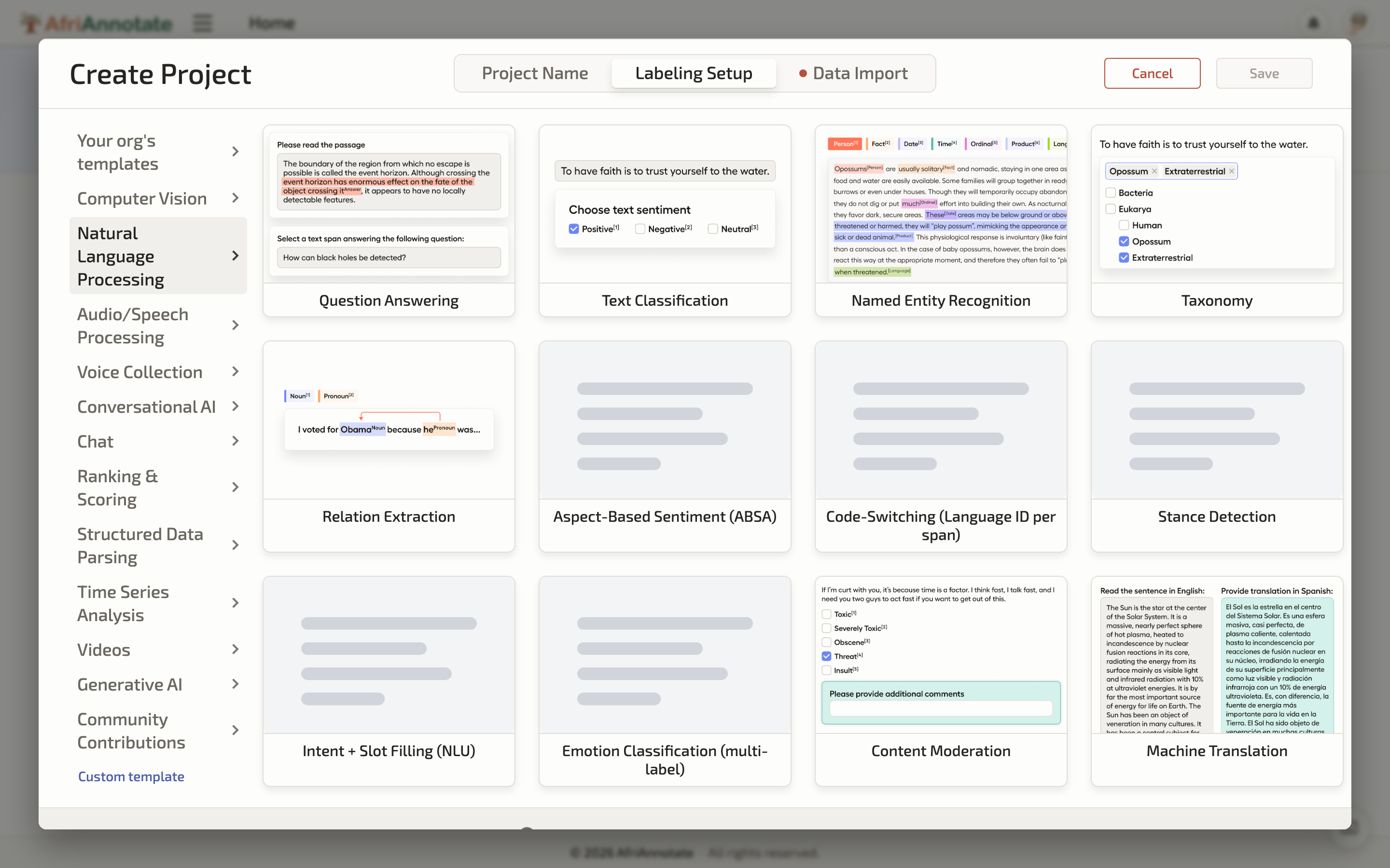 AfriAnnotate labeling templates: NER, code-switching, ABSA, machine translation and more