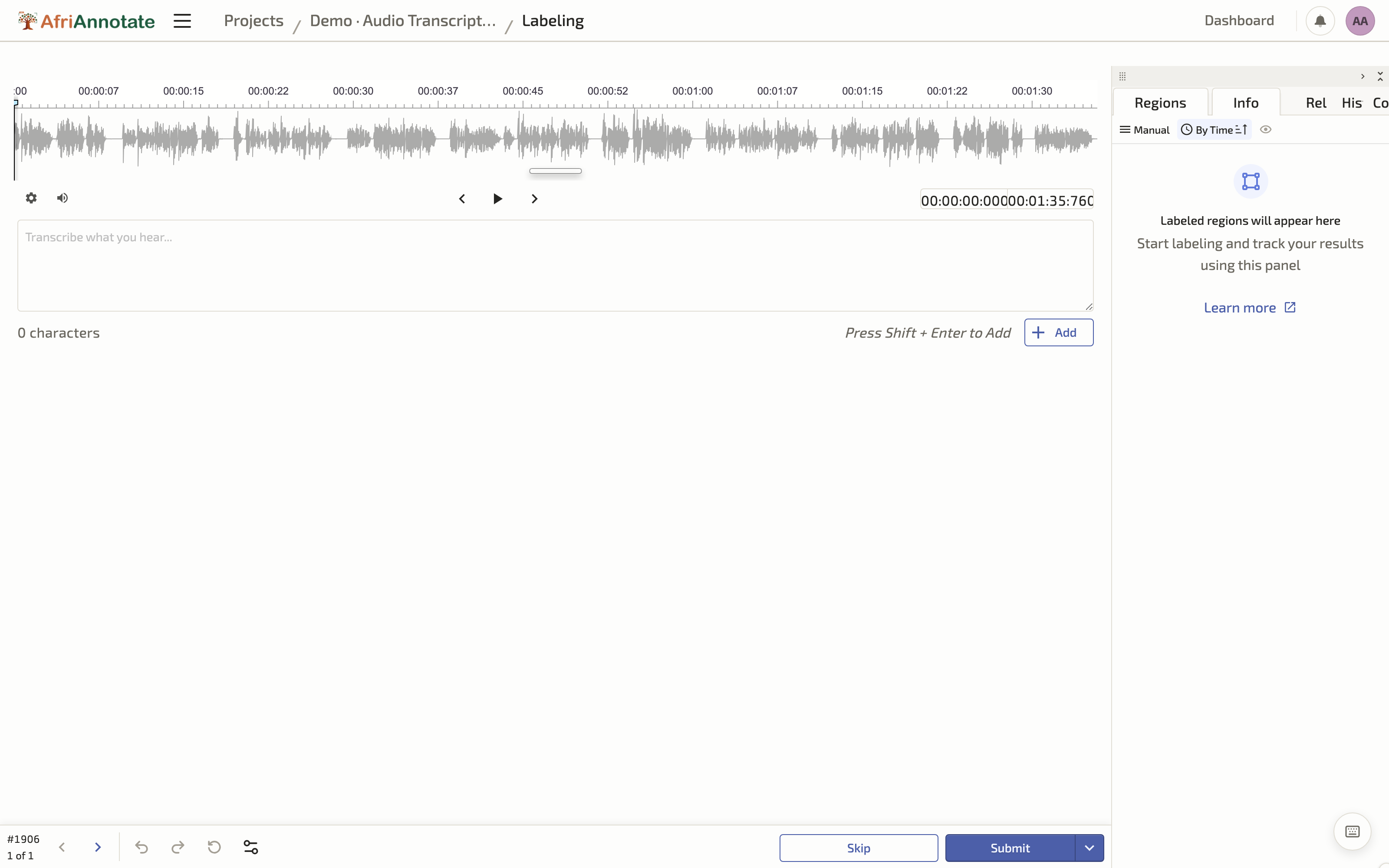 Transcribing audio in the AfriAnnotate editor