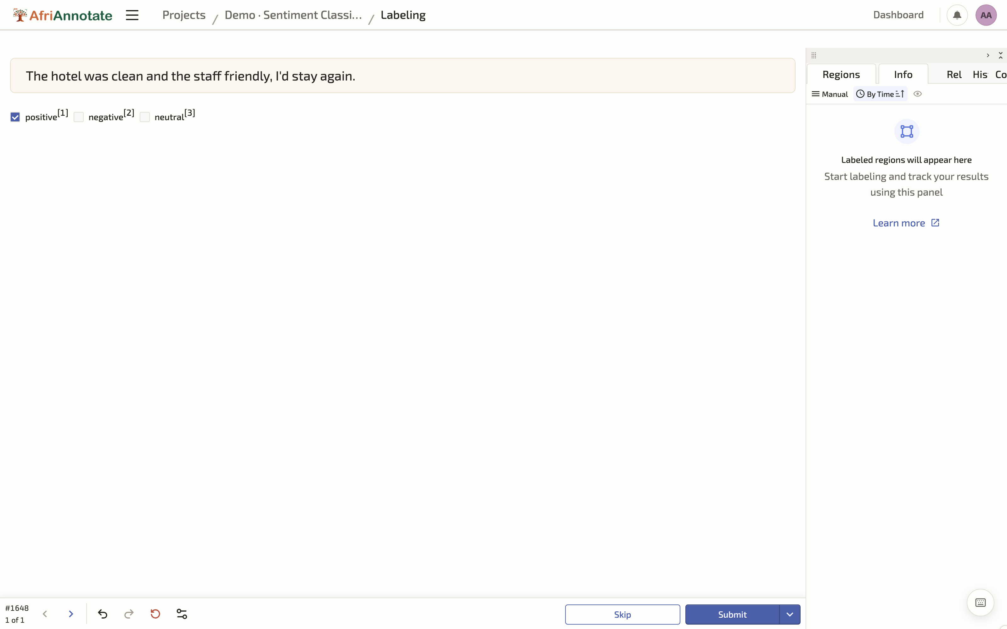 A single-label sentiment task in the AfriAnnotate labeling interface