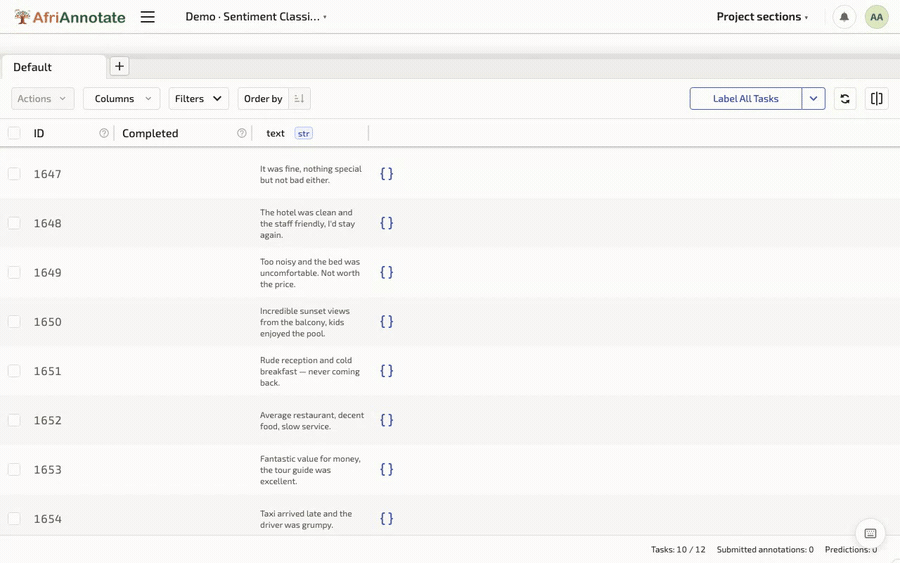 Selecting a sentiment label in AfriAnnotate
