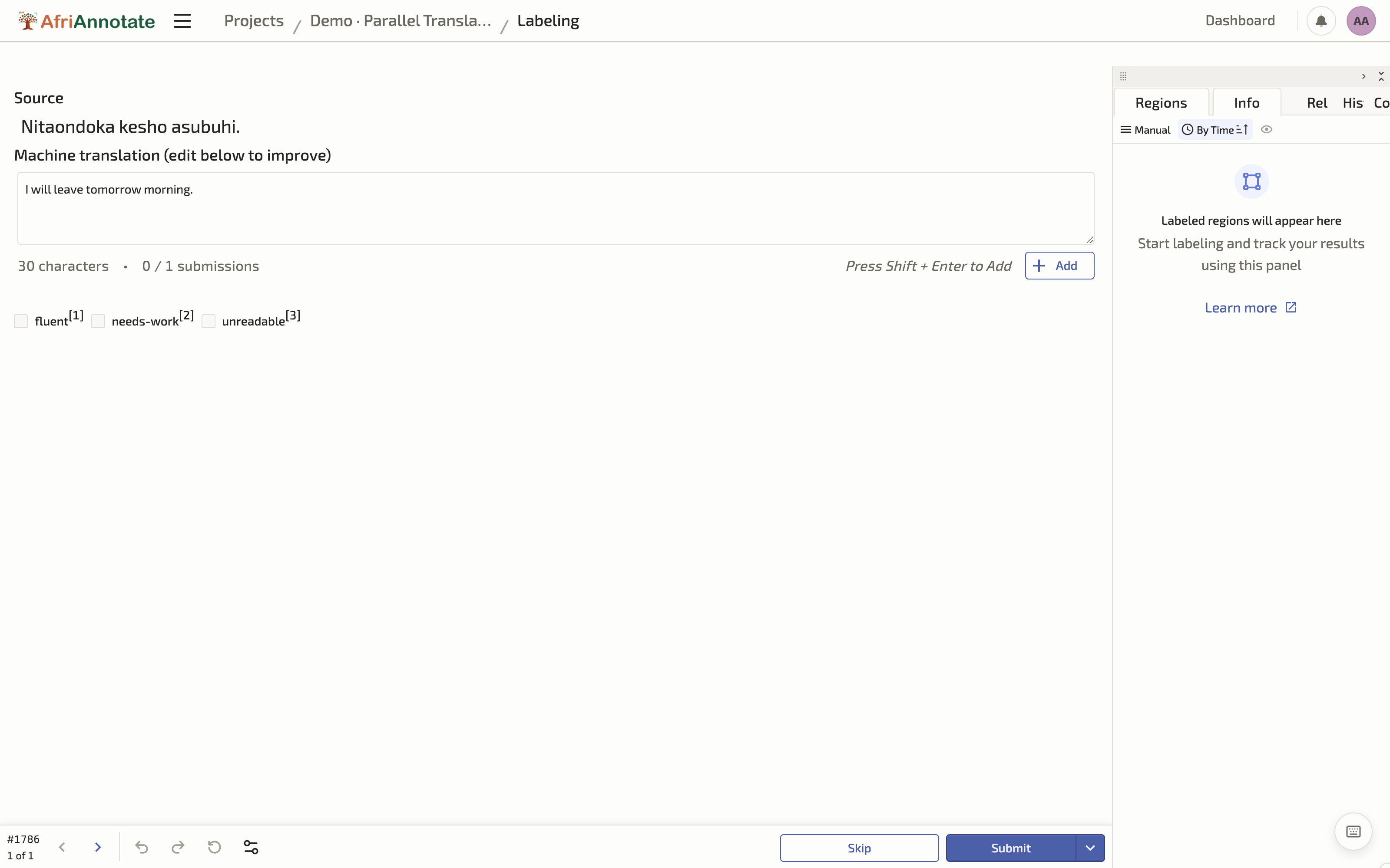 Post-editing a machine translation in AfriAnnotate