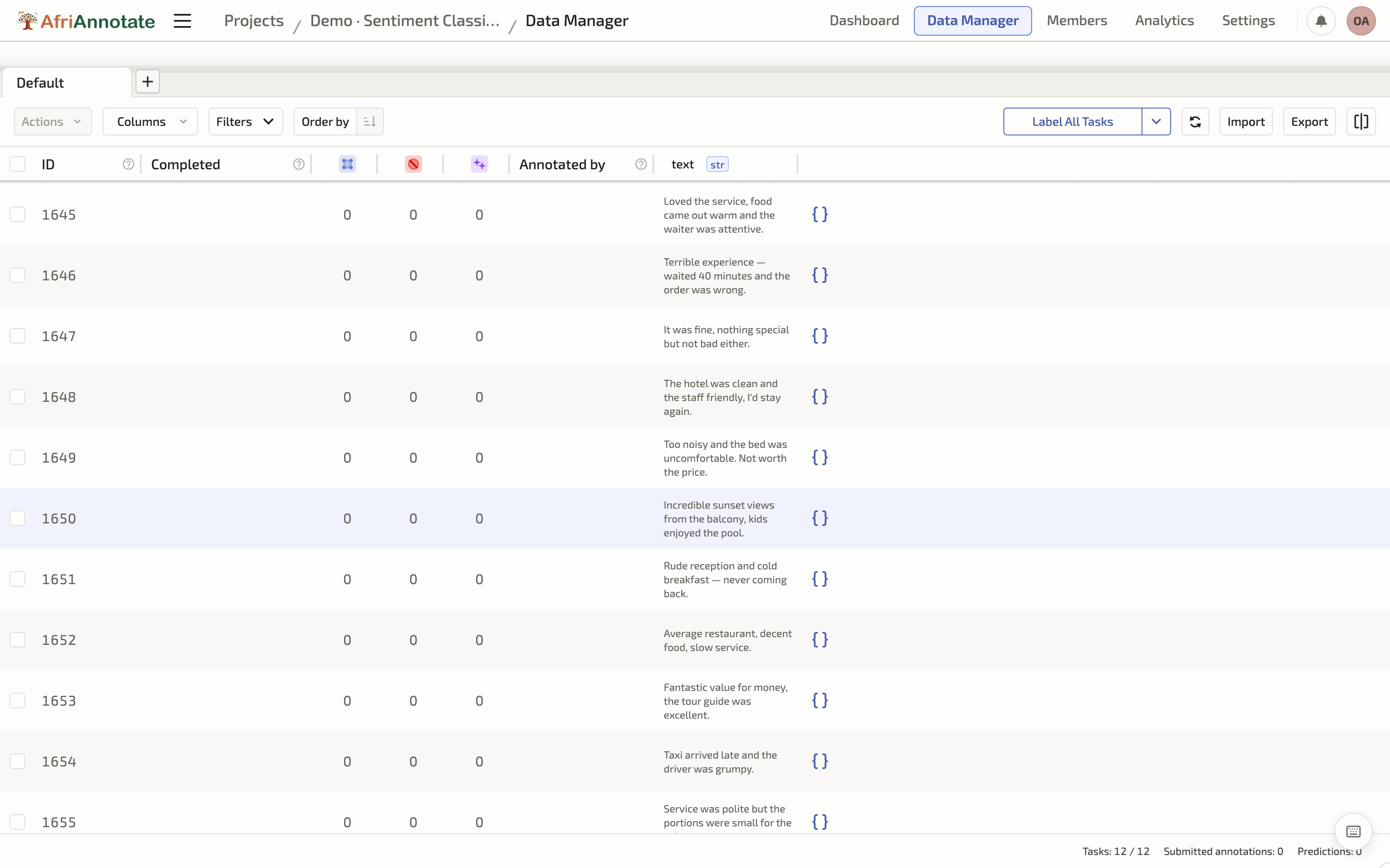 The AfriAnnotate data manager for a text-classification project