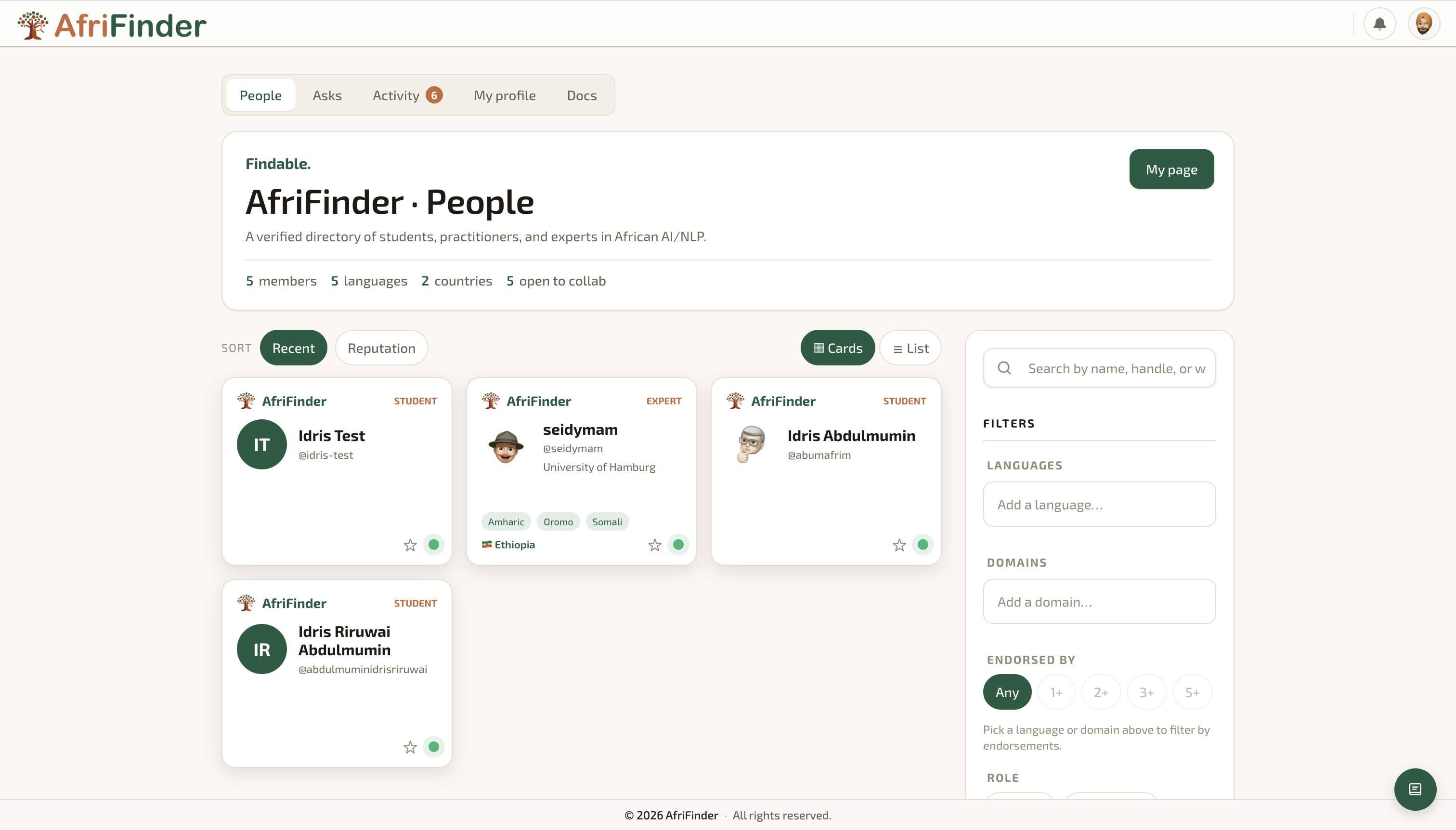 AfriFinder verified people directory with language and domain filters